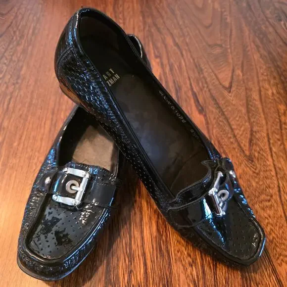 Stuart Weitzman timeless black patent leather Loafer Silver Buckle details 8.5 - Picture 1 of 10